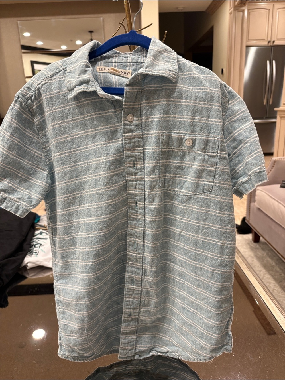 Light Blue Striped Short-Sleeve Button-Down Shirt for Kids
